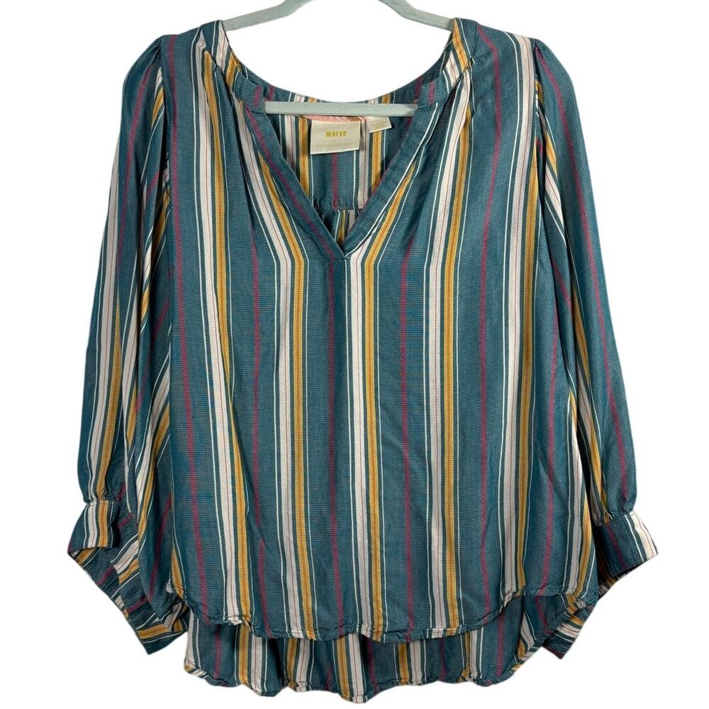Anthropologie Maeve Byron Striped Blouse Balloon Sleeve V Neck Boho Peasant XL